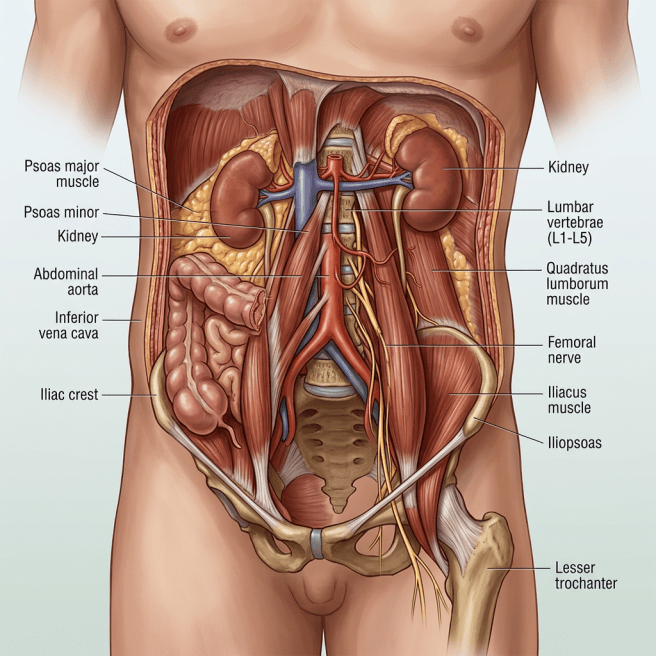 Anatomical illustration showing labeled abdominal muscles, kidneys, abdominal aorta, inferior vena cava, and surrounding structures