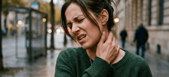 Woman in green sweater holding her neck with a pained expression