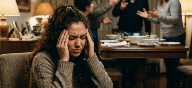 Young woman holding her head looking distressed while family argues behind her