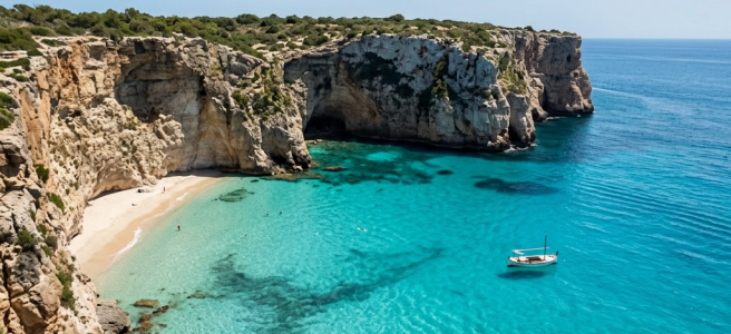 Secluded coastal cove with clear turquoise water, sandy beach, rocky cliffs, and a small boat