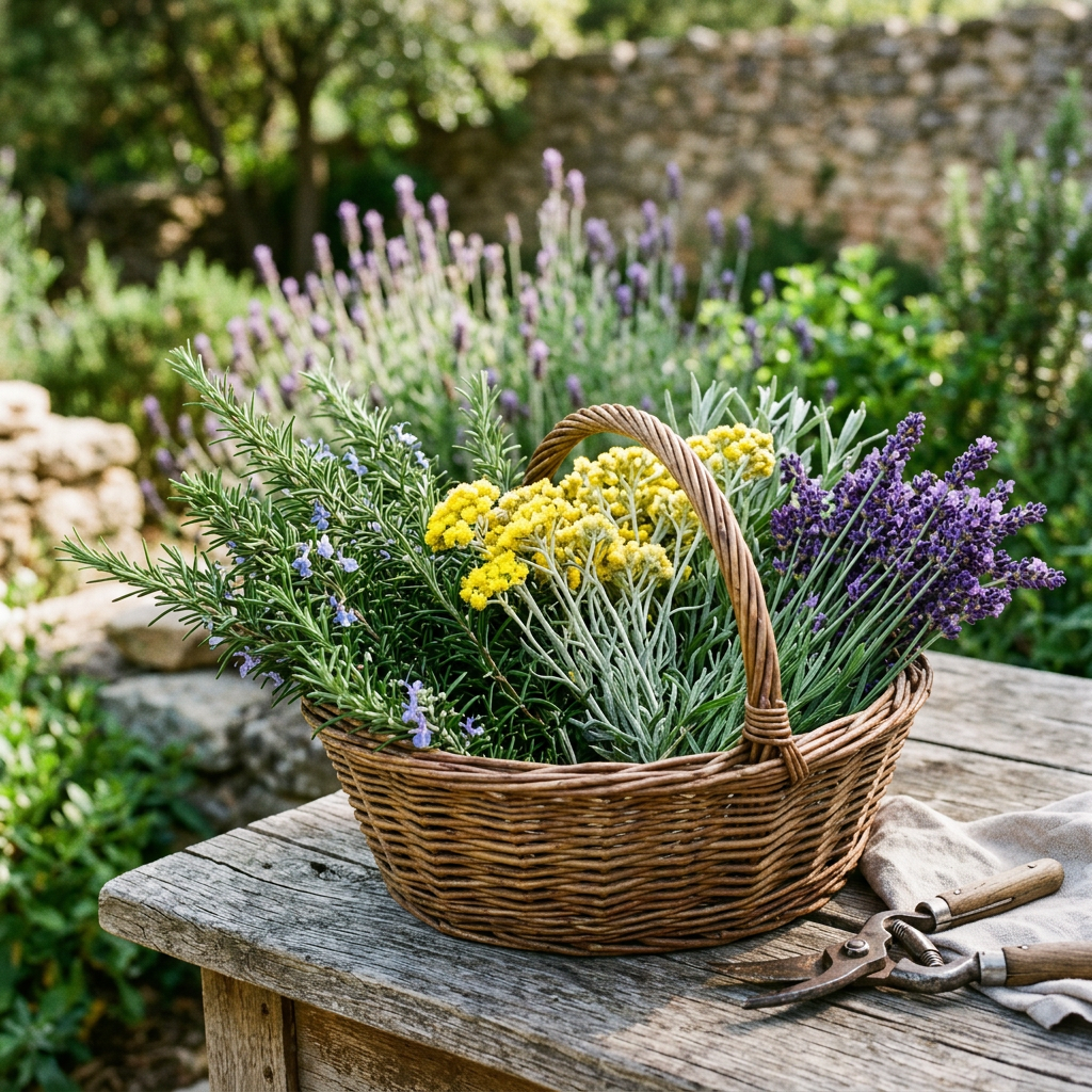 Wicker basket containing freshly picked rosemary, yellow flowering herbs, and lavender on a wooden table