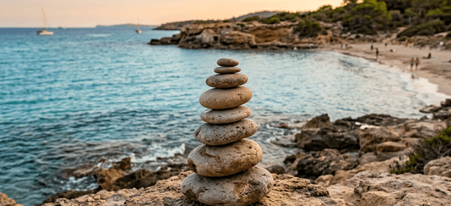 Stack of balanced stones on rocky shore with sea and beach in background