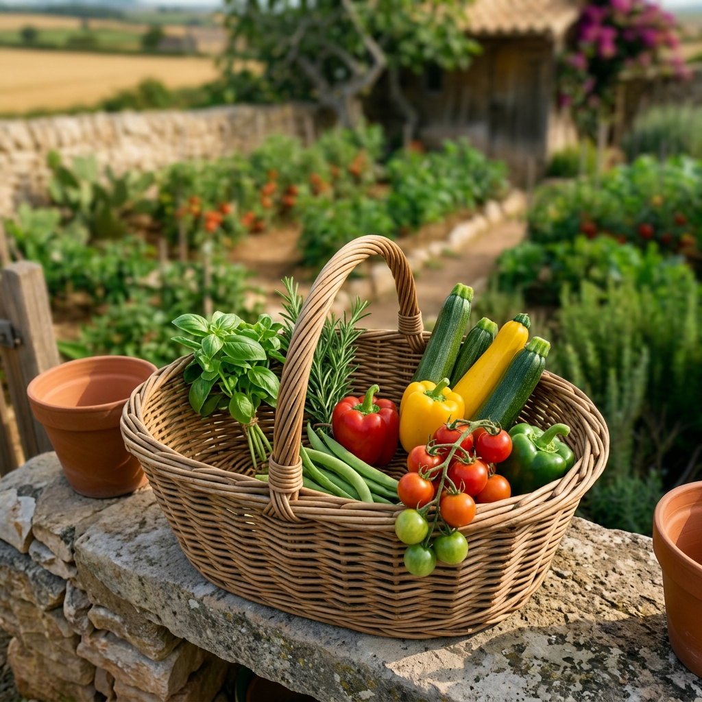 Basket of fresh tomatoes, peppers, zucchini, herbs, and cucumbers on stone wall outdoors