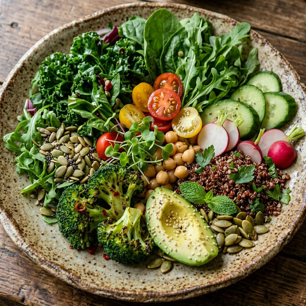 Buddha bowl with carrots, broccoli, avocado, chickpeas, lettuce, cucumber, radishes, cherry tomatoes, and seeds